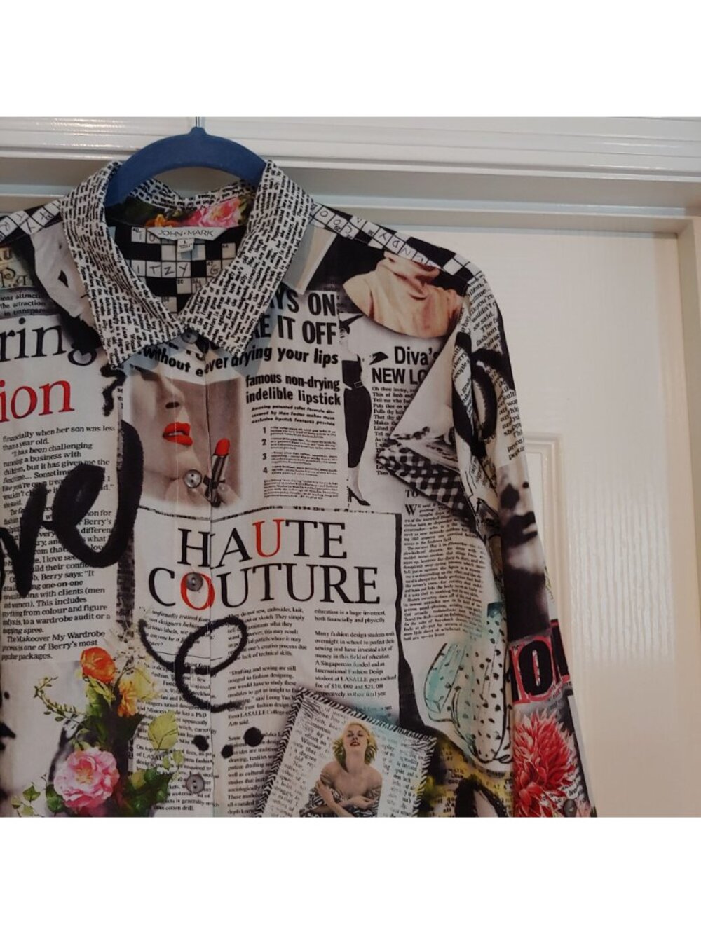 John Mark Oversize Blouse Haute Couture Newspaper Print Art Interesting L - Picture 3 of 11